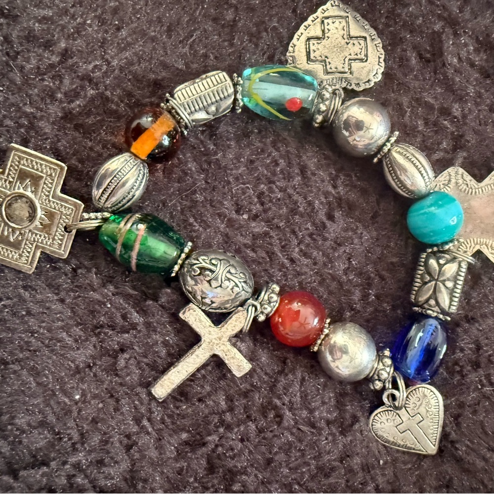 Multicolor Bead Stretch Bracelet with Silver Cross Charms